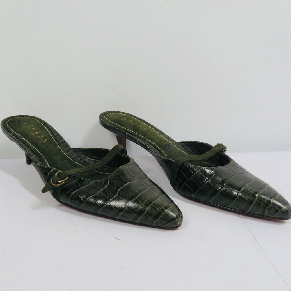 Lauren Ralph Lauren DELORES Leather Croc Print Slide On Kitten Heels Dark Green